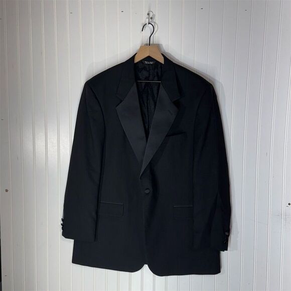 Bill Blass Black Wool Tuxedo Blazer 44L Satin Lapel Jacket Formal Classic VTG - Picture 1 of 9